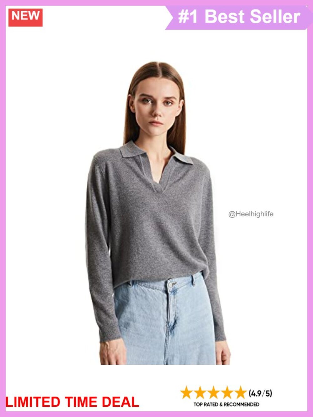 Cashmere Nylon Blend V-Neck Polo Pullover Sweater Women's Long Sleeve